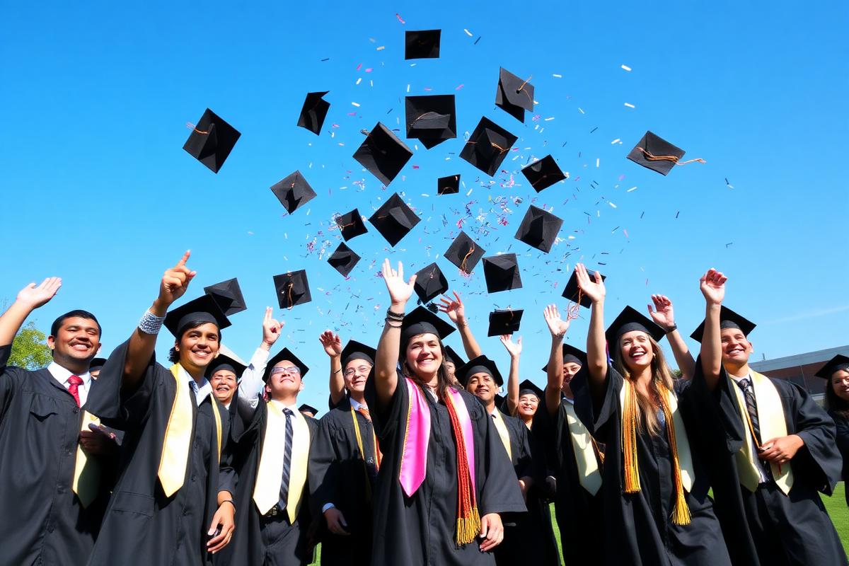 Graduates tossing caps at commencement